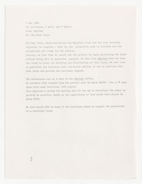 Memorandum to Peter D. Eisenman, Peter Wolf and Frederieke Taylor about Skyline May-June issue