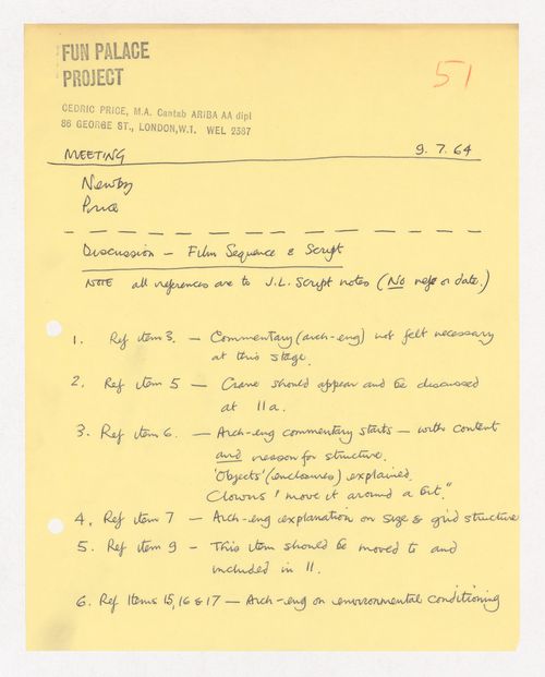 Meeting notes regarding the Fun Palace Project film sequence and script