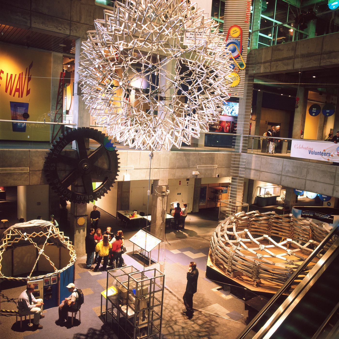 Liberty Science Center atrium, Jersey City, New Jersey, with Hoberman Sphere and Iris Dome on display