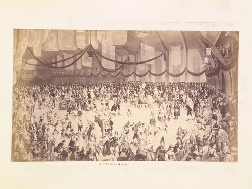 Composite photograph showing an interior view of the fancy-dress skating carnival in honour of Prince Arthur [?] at Victoria Rink, rue Drummond, Montréal, Québec
