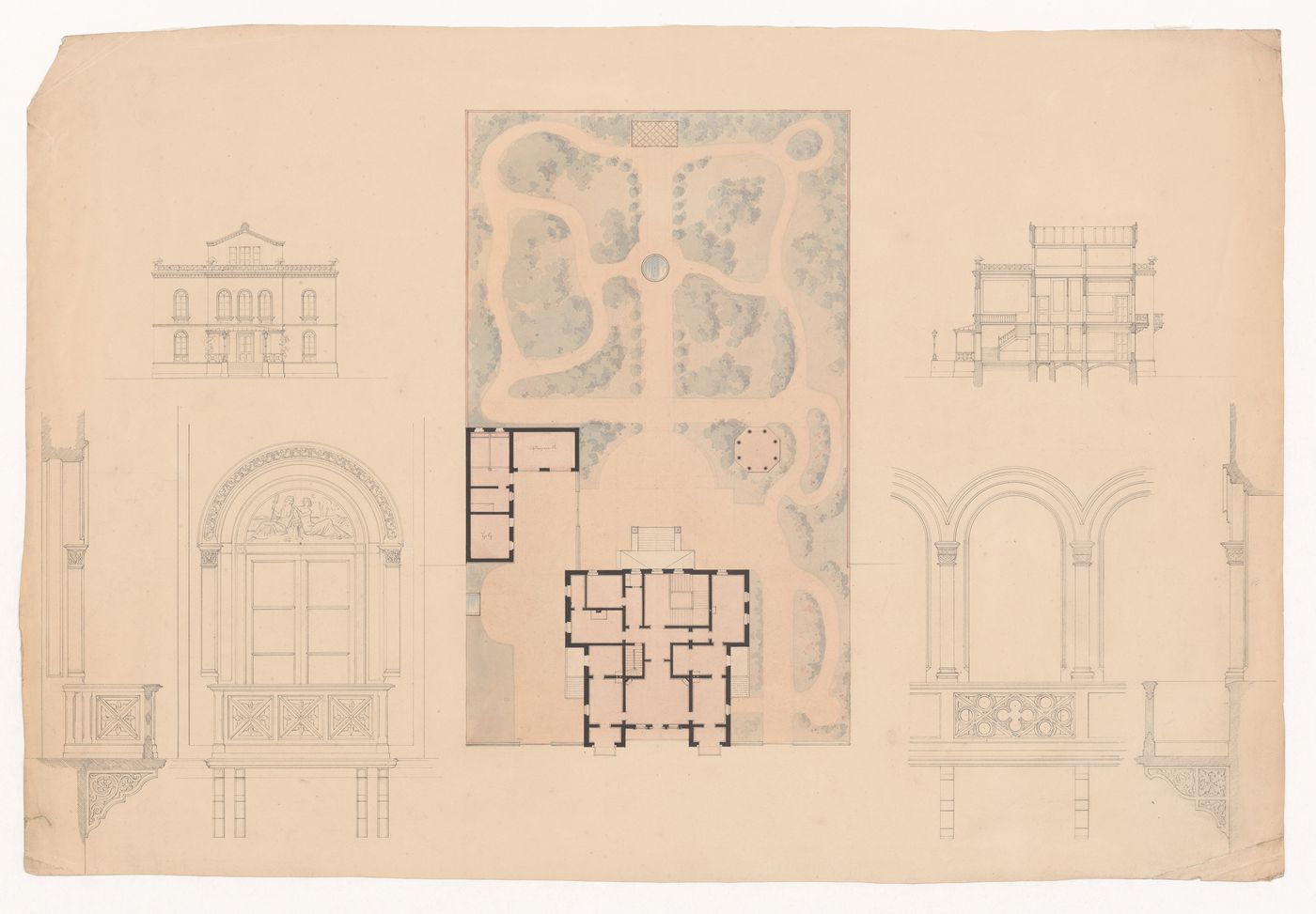 Project for villa in an English garden - plan, elev, sect, dets