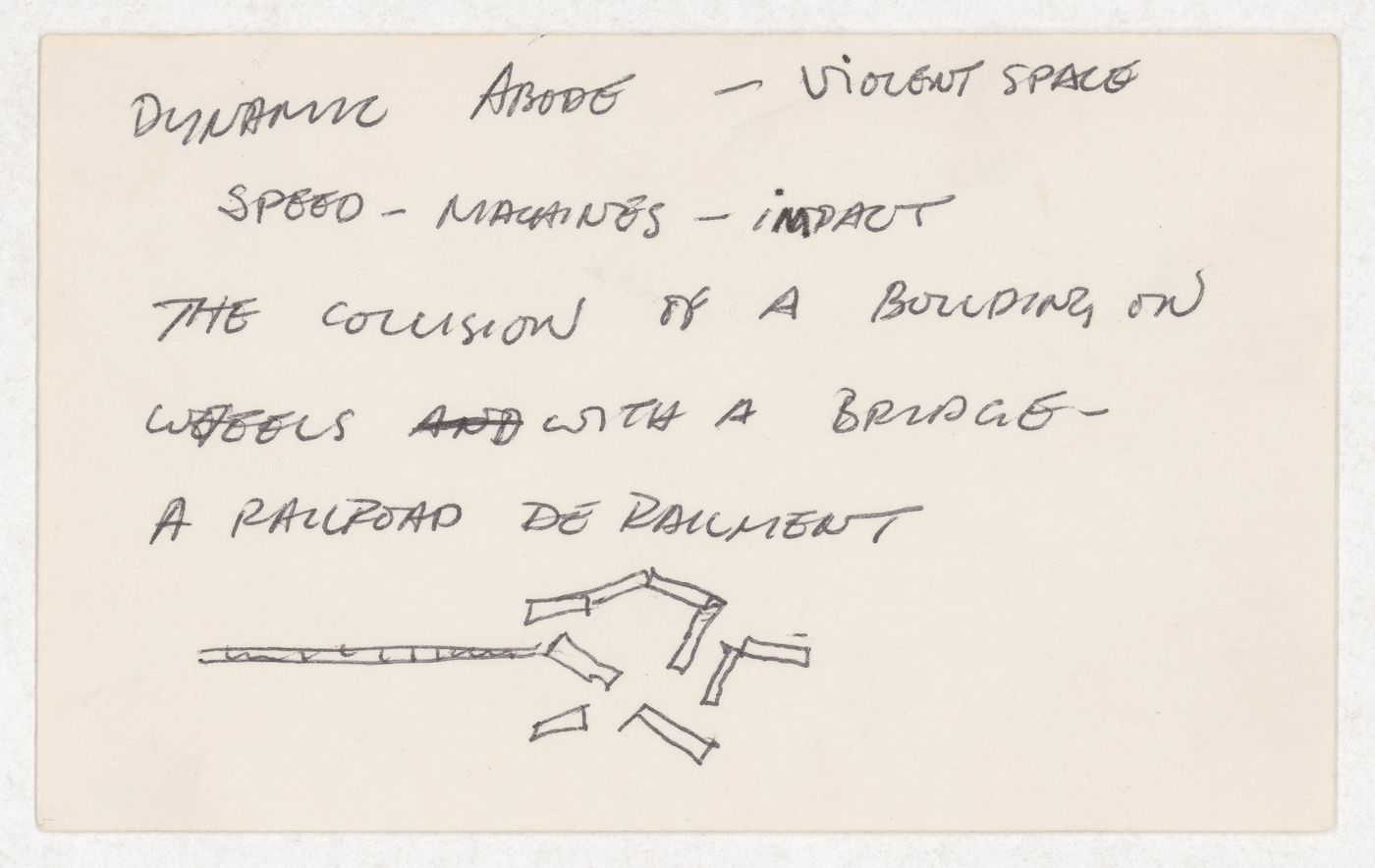 Dynamic abode - violent space speed - machines - impact / The collision of a building on wheels with a bridge - / A railroad de railment