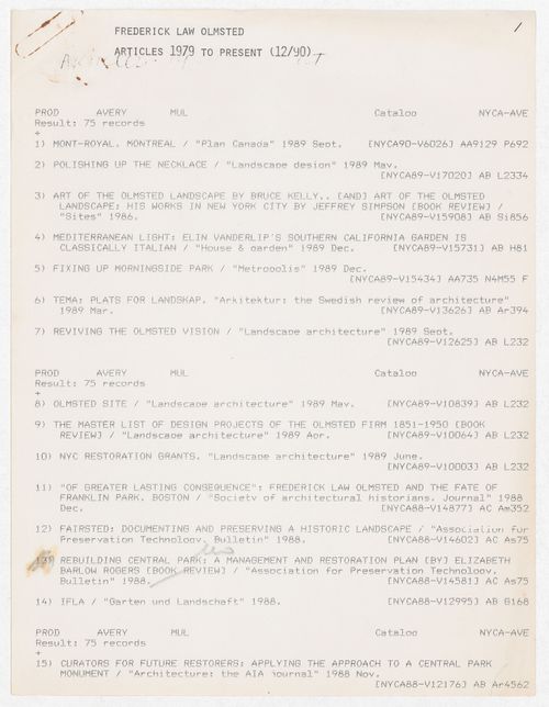Bibliography of Frederick Law Olmsted articles from 1979-1990 for the exhibition Olmsted: L'origine del parco urbano e del parco naturale contemporaneo
