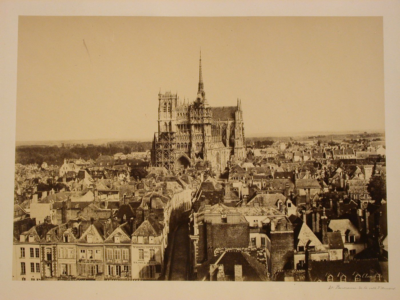 Panoramic view of town and facade of cathedral, Amiens, France
