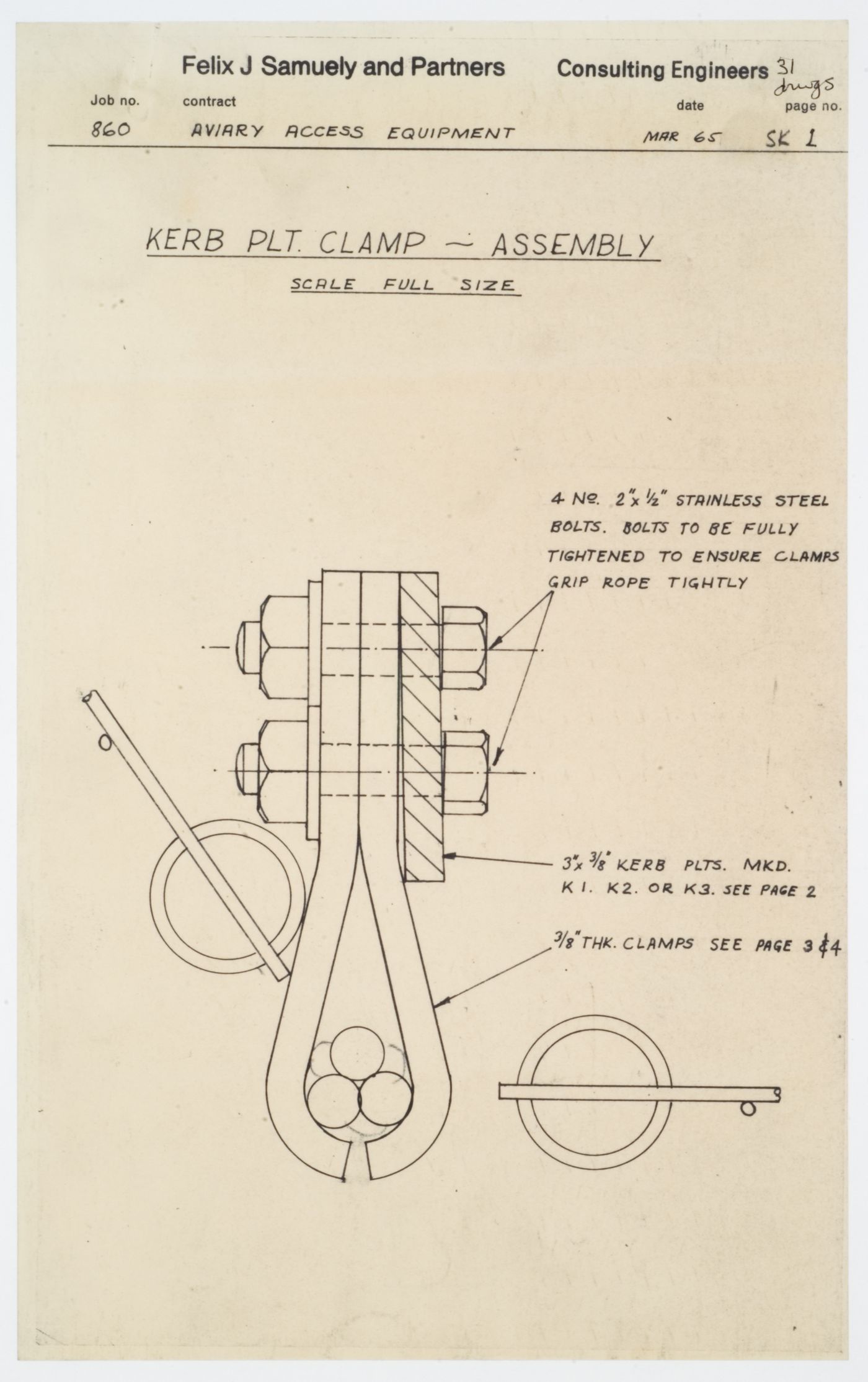 London Zoo Aviary, Regent's Park, London, England: kerb plt. clamp - assembly