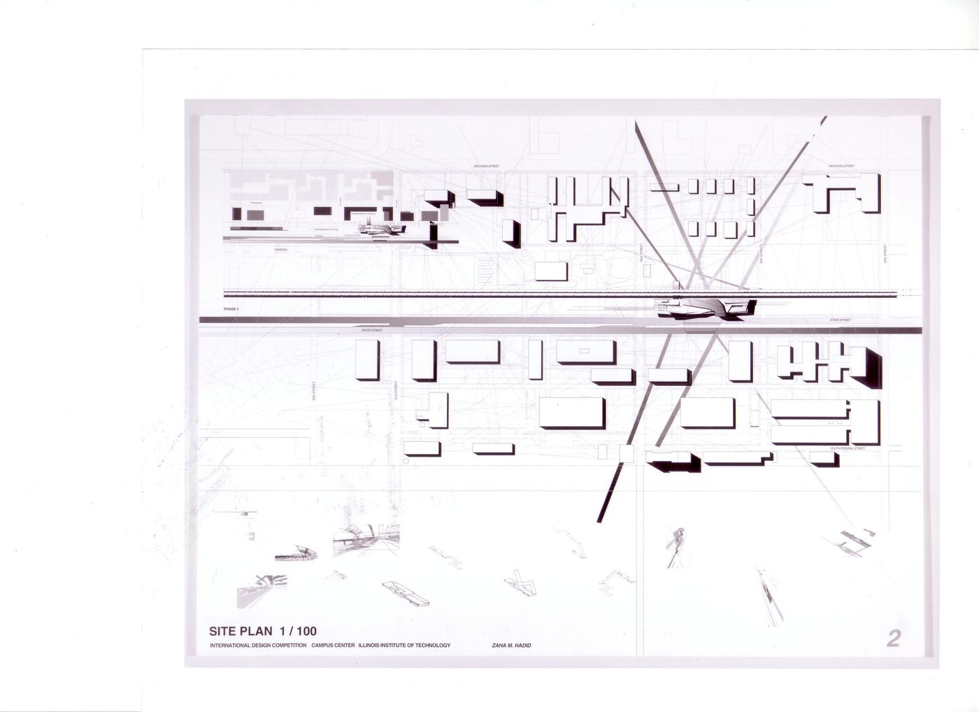 Axonometric view of site, submission to the Richard H. Driehaus Foundation International Design Competition for a new campus center (1997-98), Illinois Institute of Technology, Chicago, Illinois