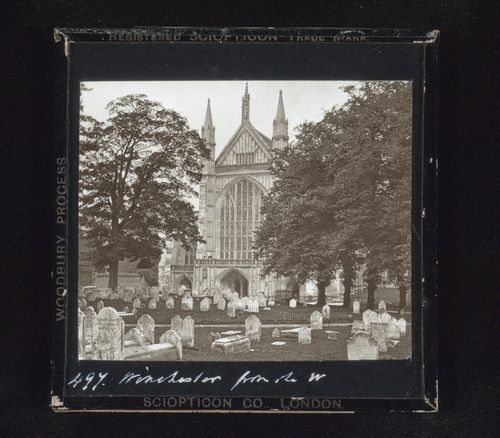 View of west end of Winchester Cathedral from cemetery, Winchester, Hampshire, England