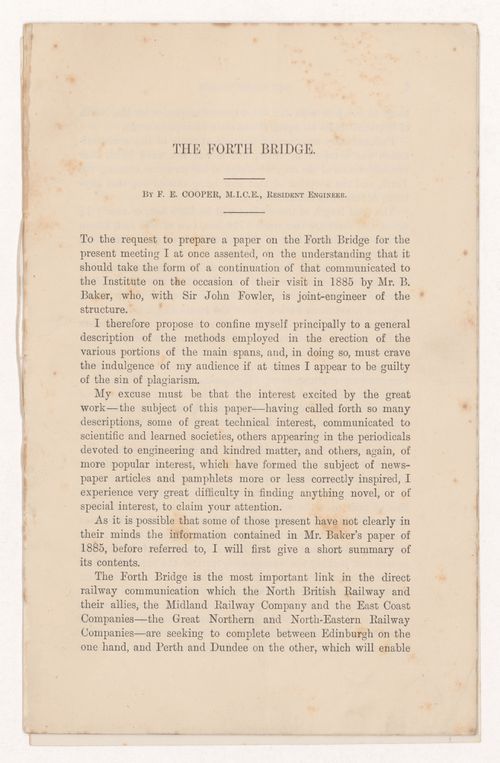 Printed lecture on the Forth Bridge principally describing the construction and erection of the main spans