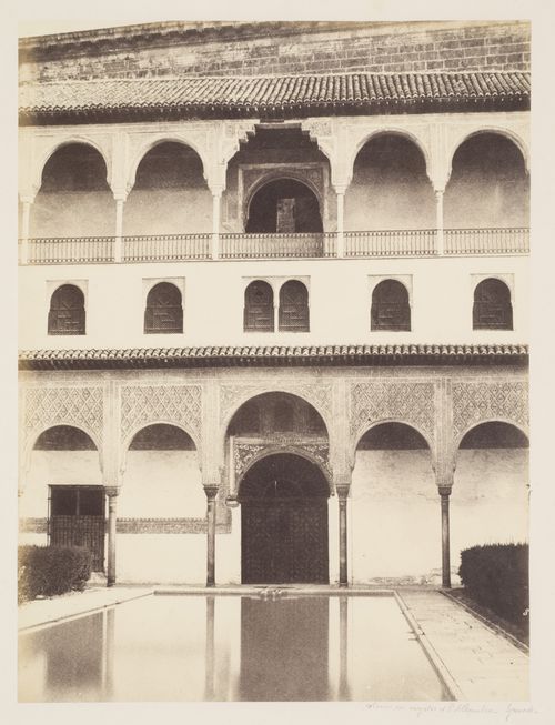 View of the Courtyard of the Myrtles in Alhambra with reflection, Granada, Spain