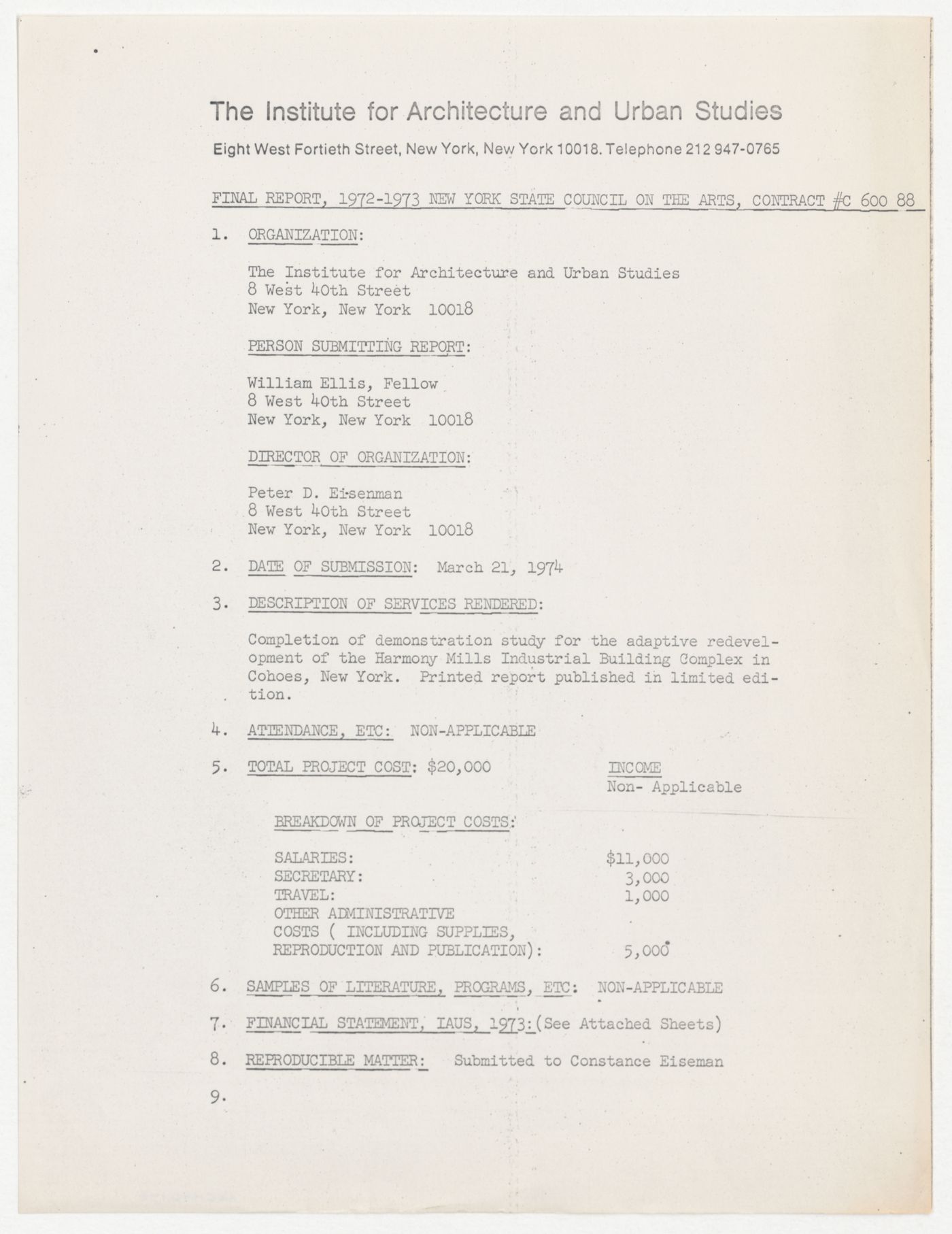 Financial report to the New York State Council on the Arts (NYSCA) for financial year 1972-1973