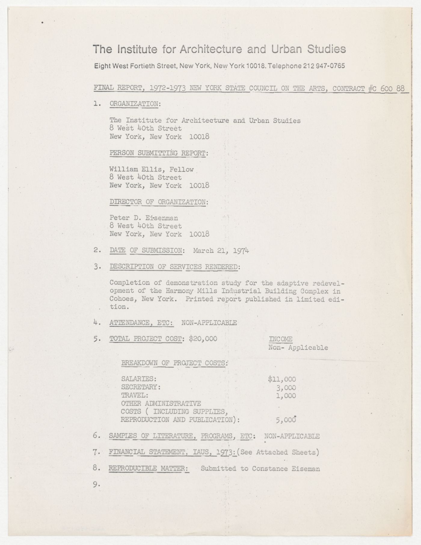 Financial report to the New York State Council on the Arts (NYSCA) for financial year 1972-1973