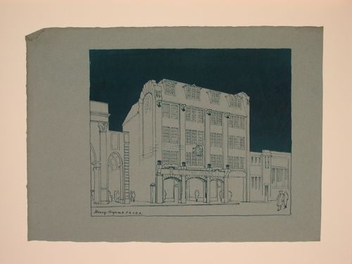 Perspectival view showing street façade of Electric House, Battersea Borough