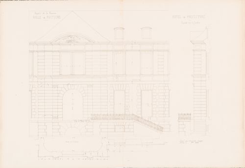 Project for a Hôtel de préfecture, Poitiers: Partial elevation, plan, and profile for the rear façade for the Hôtel du Préfet