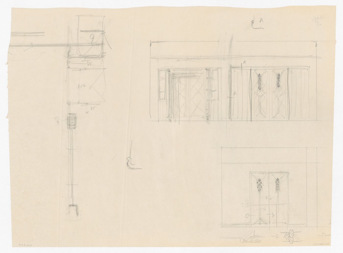 Sketch elevations, sketch plan [?], and sketch sectional details for a doorway for Olveh mixed-use development, Rotterdam, Netherlands