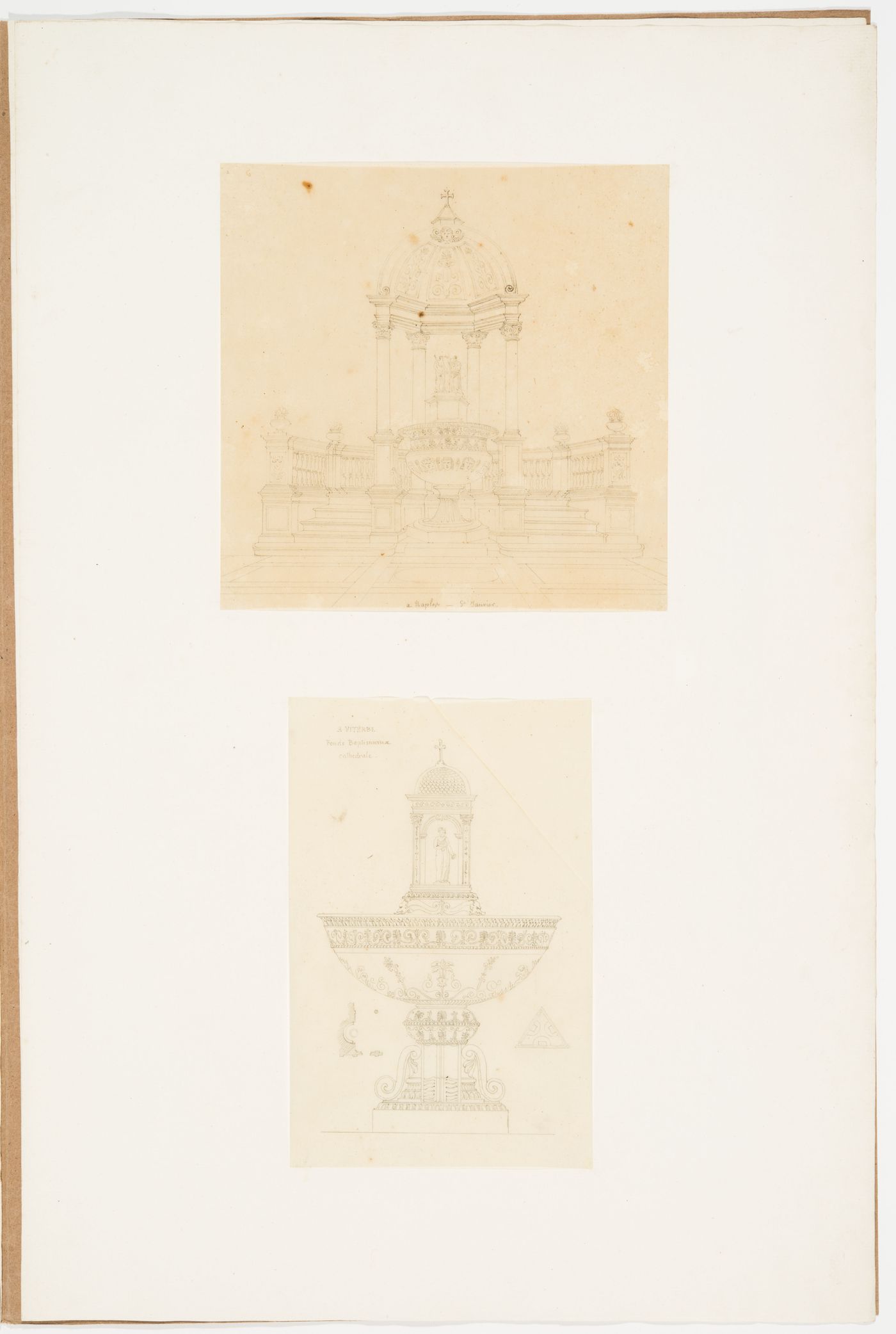Interior perspective of a baptismal font, ciborium and the surrounding platform, from the Cathedral of S. Gennaro, Naples; Elevation of a baptismal font from the the Cathedral of San Lorenzo, Viterbo