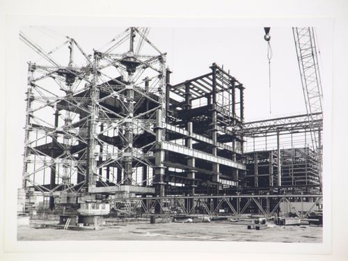 View of construction of steel structure for power station, United Kingdom