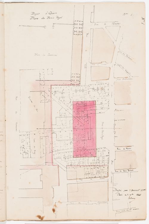 Project no. 1: Site plan for an opera house for the Académie royale de musique, place du Palais Royal and rue de Rivoli; verso: Project no. 2: Site analysis and cost estimate for an opera house for the Académie royale de musique, rue Grange-Batelière