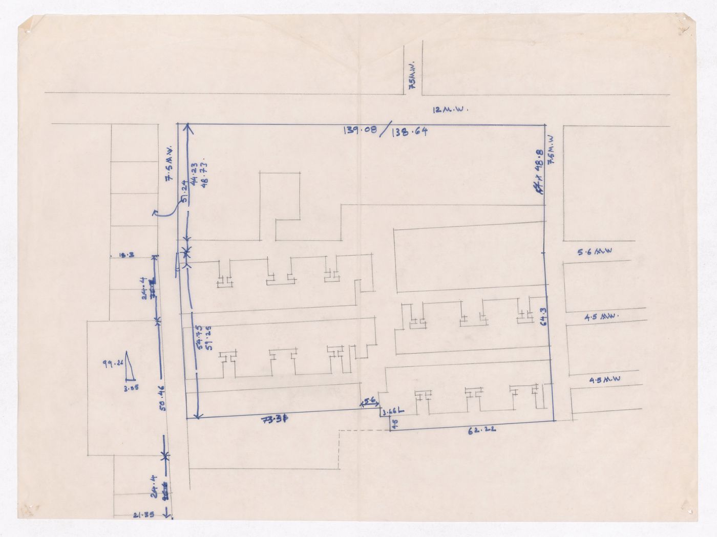 Sketch plan of plots showing water distribution for Minimum Cost Housing Group's plot in Aranya township, India, for Aranya Housing Project