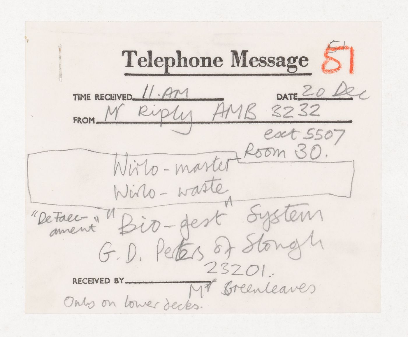 Telephone message from Mr. Riply possibly to Cedric Price