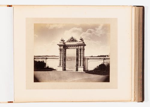 View of the southwest gateway and the Bosporus from the gardens, Beylerbeyi Palace, Constantinople (now Istanbul), Ottoman Empire (now in Turkey)