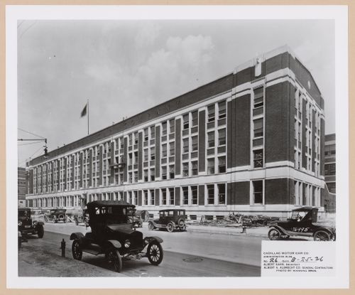 View of the principal façade of the Administration Building under construction, General Motors Corporation Cadillac Motor Car Company Assembly Plant, Detroit, Michigan