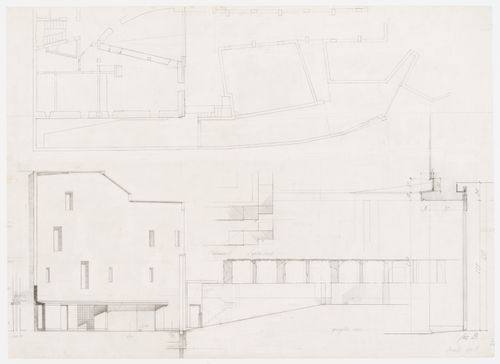 Partial plan of raised ground floor and courtyard, elevation of west façade including view of courtyard for Casa Miggiano, Otranto, Italy