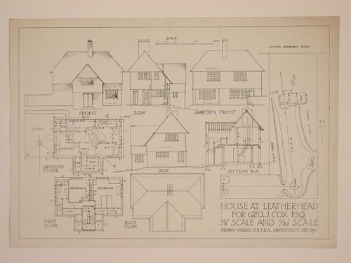 Elevations, plans, and section for the George J. Cox House, Leatherhead