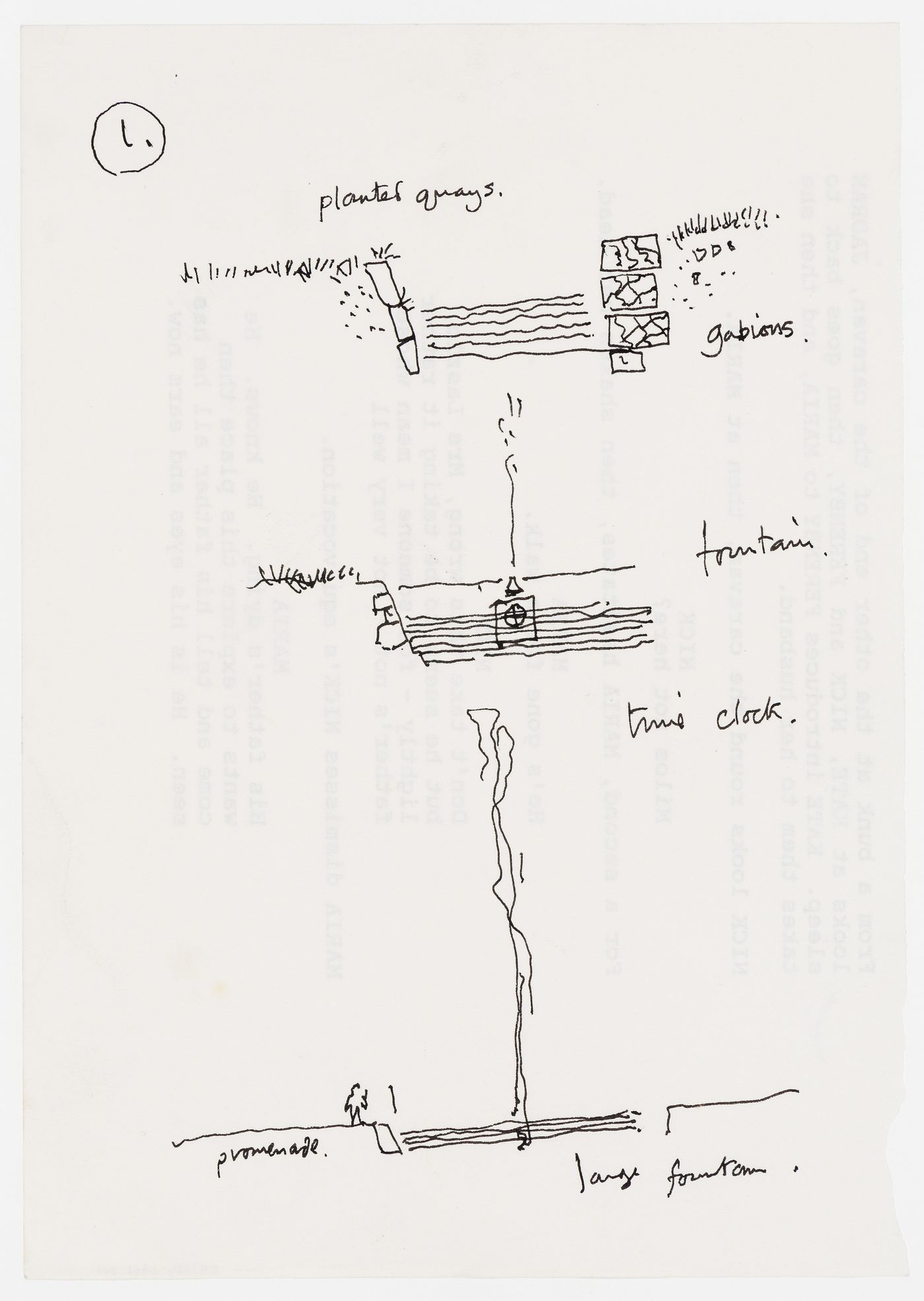 Mills: conceptual sketches for planted quays, fountains, a time clock and a promenade