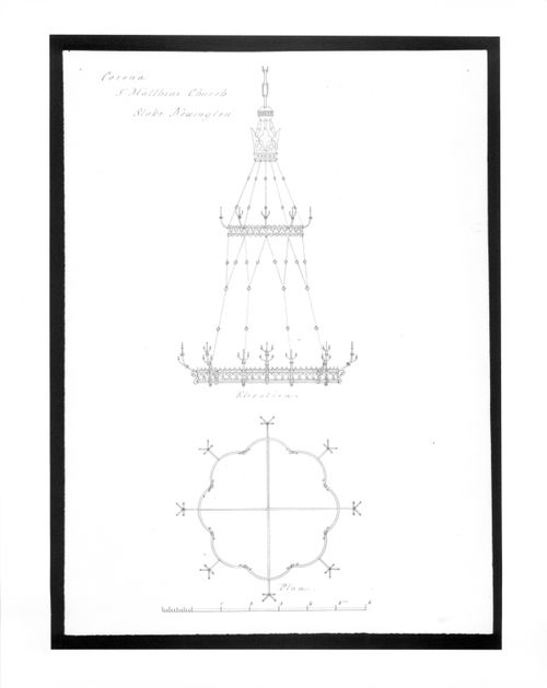 Plan and elevation of a suspended candelabra (corona) for the Church of St. Matthias, Stoke Newington, London