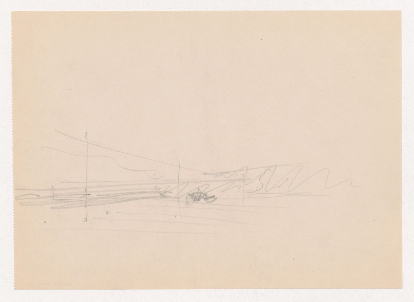 Interior perspective sketch for Museum for a Small City showing an enclosing wall and the surrounding landscape