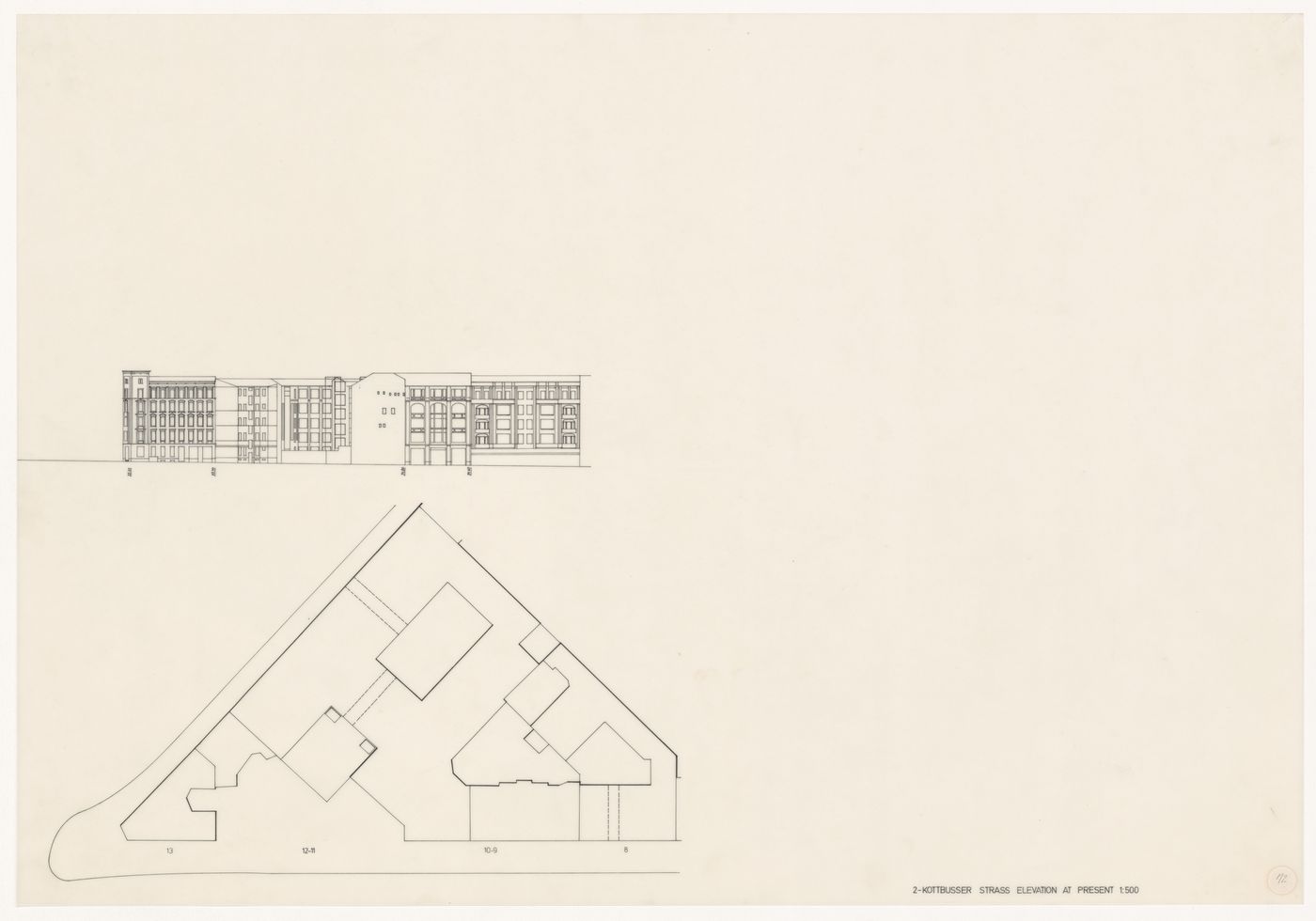 Elevation and plan of existing Block 11 e 12, Kottbusser Damm [11-12 Kottbusser Damm], Berlin, Germany