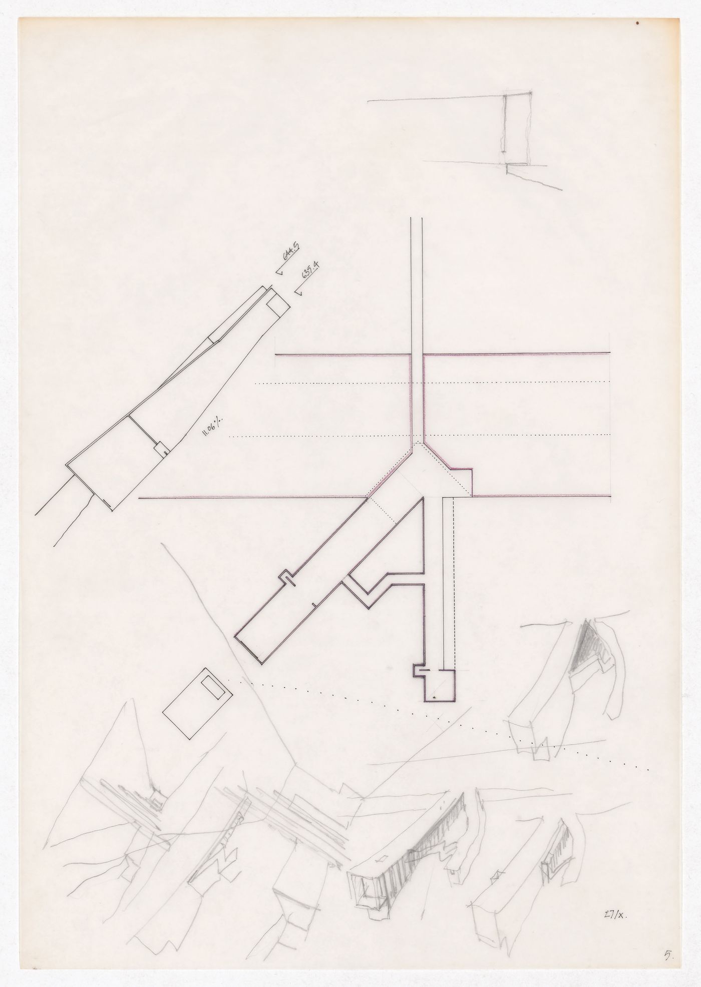 Elevation, floor plan, sketch axonometric view, and sketch perspective for Exposição Visiones para Madrid, Madrid, Spain