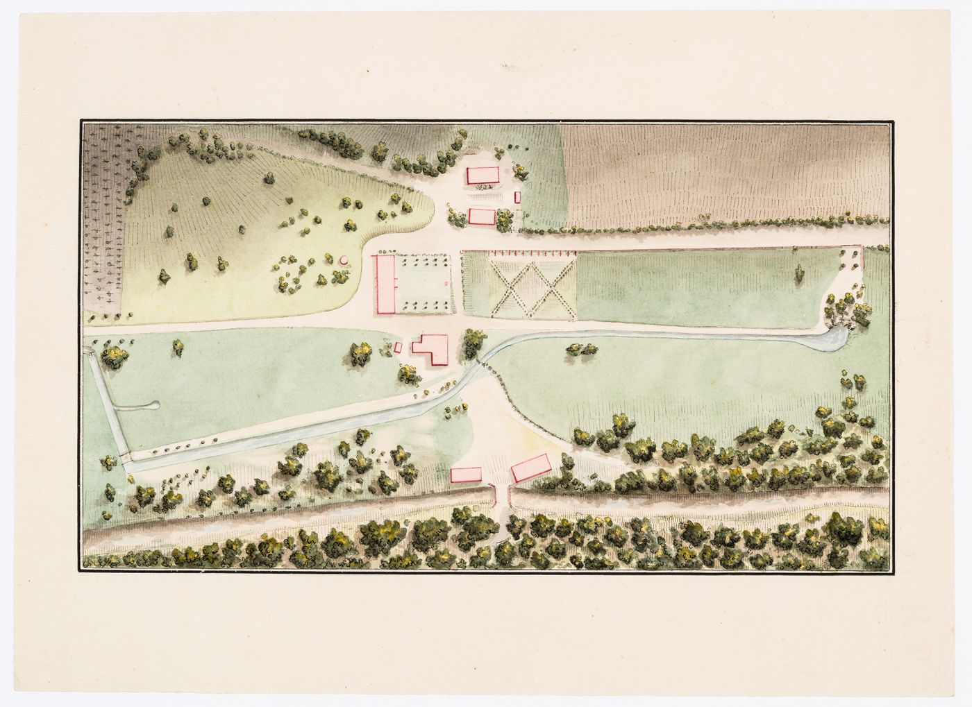 Site plan of a house with outbuildings including a bird's-eye view of the surrounding landscape