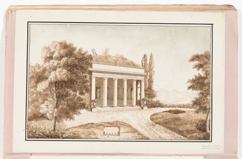 Site plan showing the ground floor for a country house for comte Anglés (variant design); verso: Perspective and plan for a garden pavilion