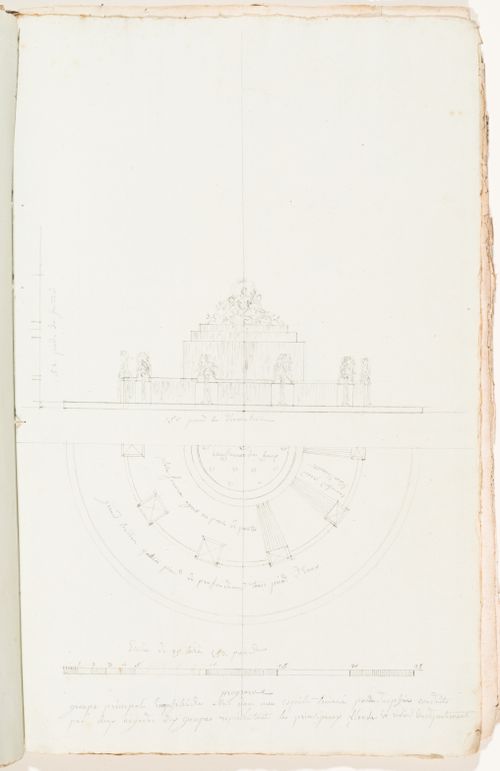 Conceptual sketch elevation and half plan for a two-tiered fountain with a central sculpture