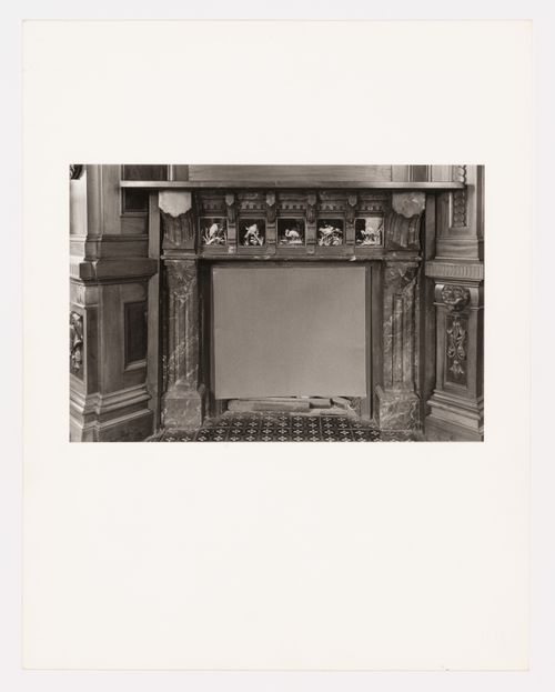 Interior view of the marble fireplace in the tea room, Shaughnessy House, Montréal, Québec, Canada