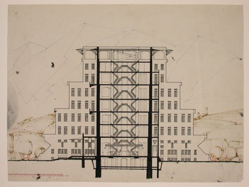 Section looking towards central staircase for a cruciform-plan hotel