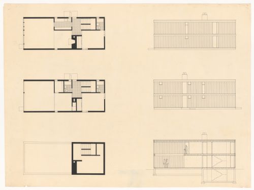 Plans, elevations, and section for Ithaca House