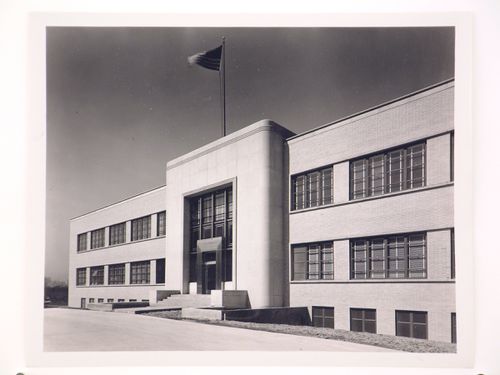 View of the principal façade of the Administration Building, Thompson Aircraft Products, Inc. Airplane Assembly Plant, Euclid, Ohio