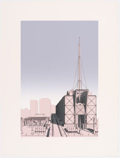 Perspective view of north side of complex for the Tokyo City Hall competition entry