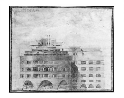 Student [?] competition [?] drawing showing an elevation for an office [?] building, Amsterdam, Netherlands