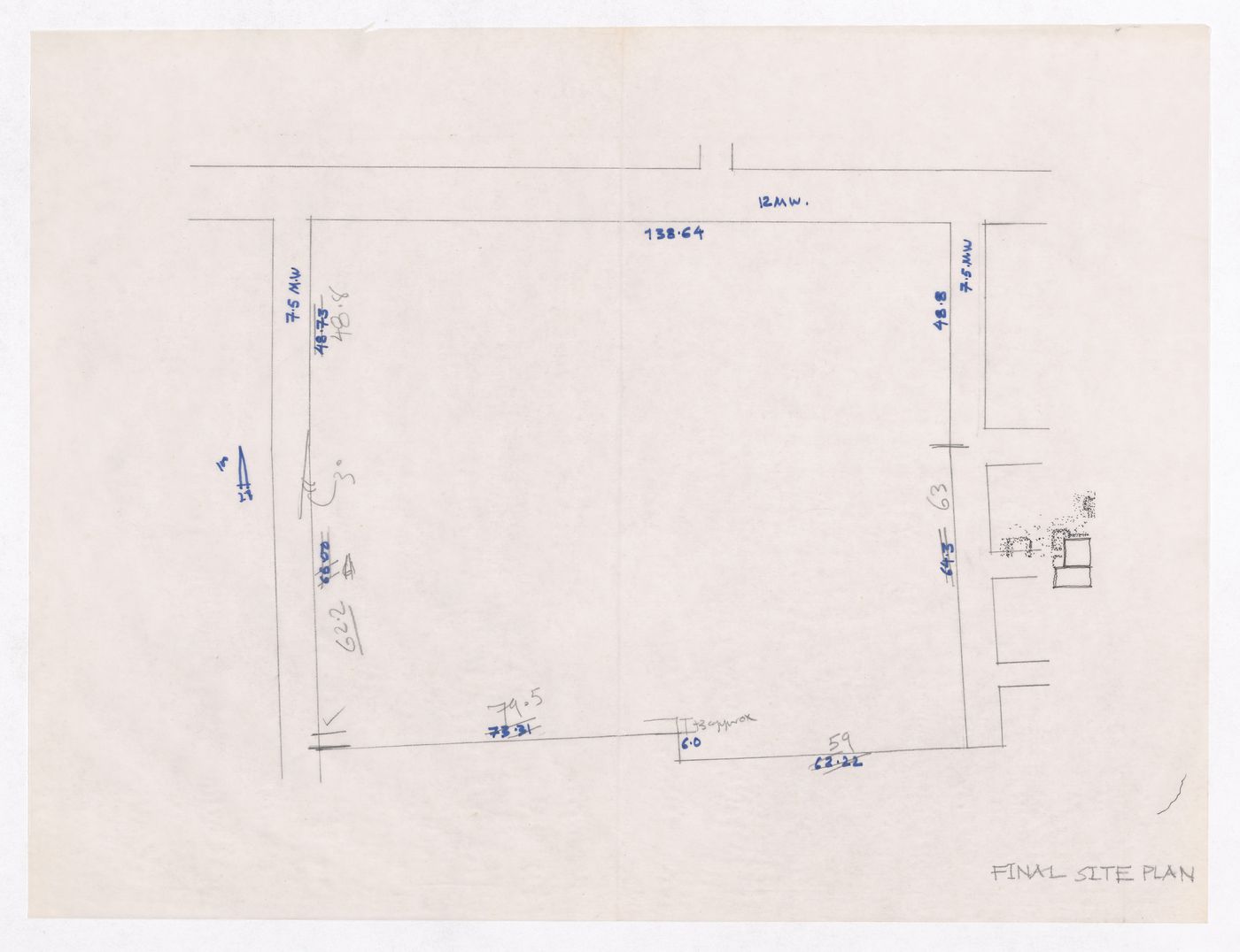 Sketch of plot showing plot measurements for Minimum Cost Housing Group's plot in Aranya township, India, for Aranya Housing Project