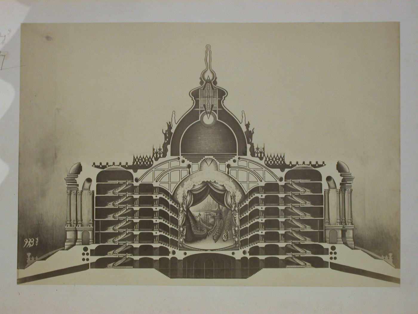 Photograph of a sectional perspective drawing of the Théatre de la Seine, Paris, France