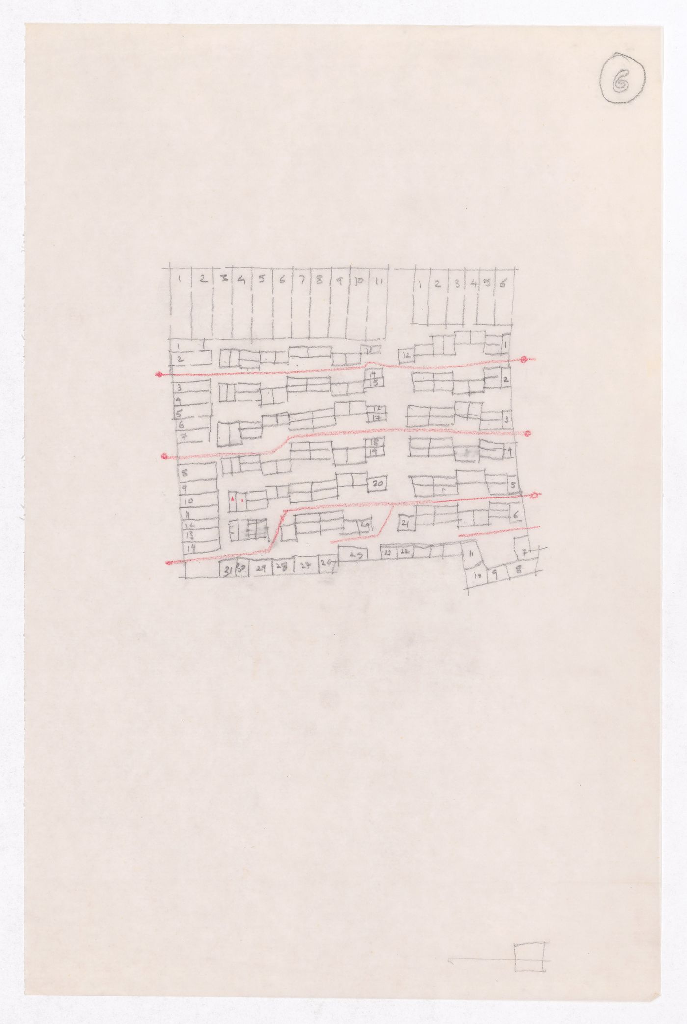Sketch showing plots layout development for Minimum Cost Housing Group's plot in Aranya township, India, for Aranya Housing Project