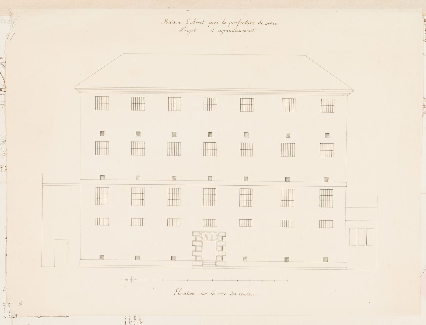 Project for the enlargement of the prison near the Préfecture de police, rue de Jérusalem, Paris: Alternate elevation for the façade facing the "cour des remises"