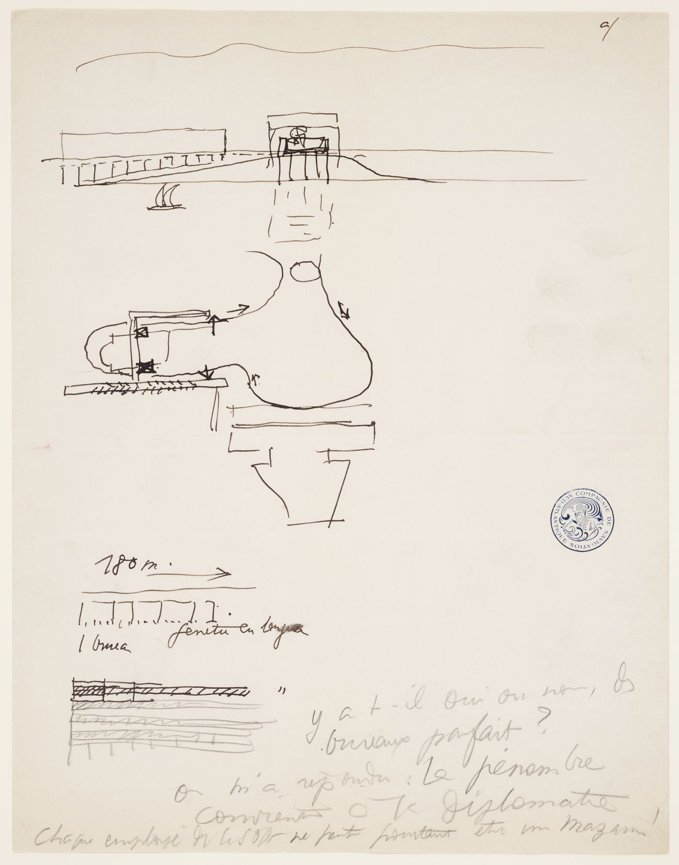 Concept diagrams showing the perspective, vehicular circulation and fenestration system in partial elevation of the Palace of the League of Nations competition, Geneva, Switzerland