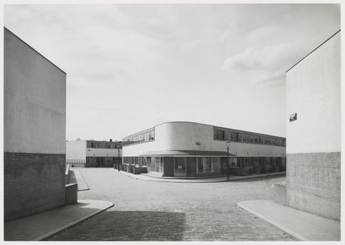 View of the principal façade of Kiefhoek Housing Estate showing a corner store, Rotterdam, Netherlands