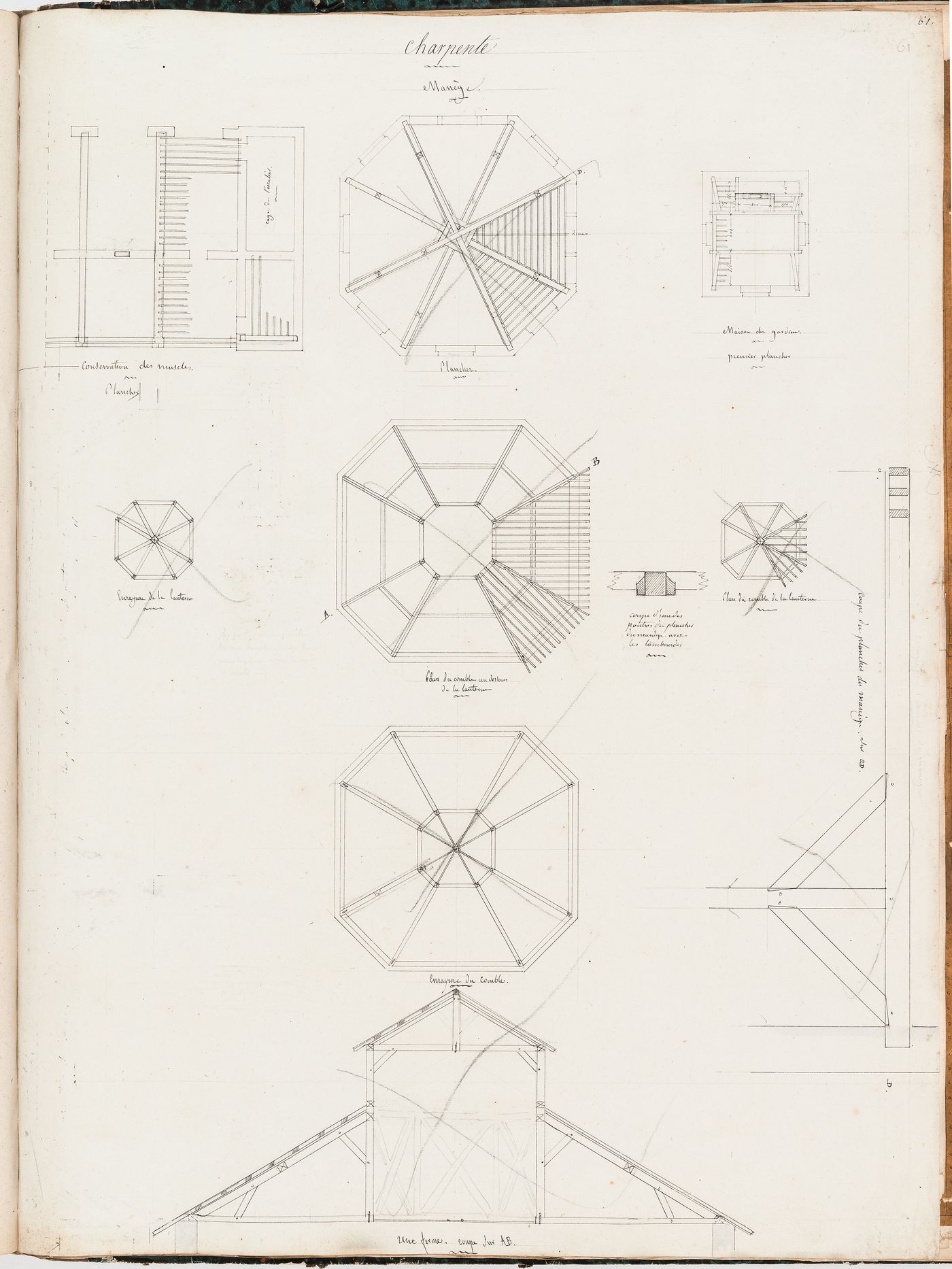 Project for Clos d'équarrissage, fôret de Bondy: Framing plans, cross sections, and details for a manège