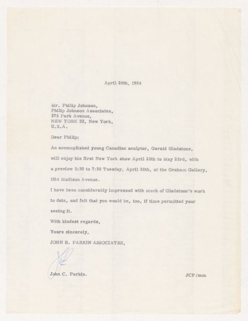 Letter from John C. Parkin to Philip Johnson on Gerald Gladstone exhibit in New York