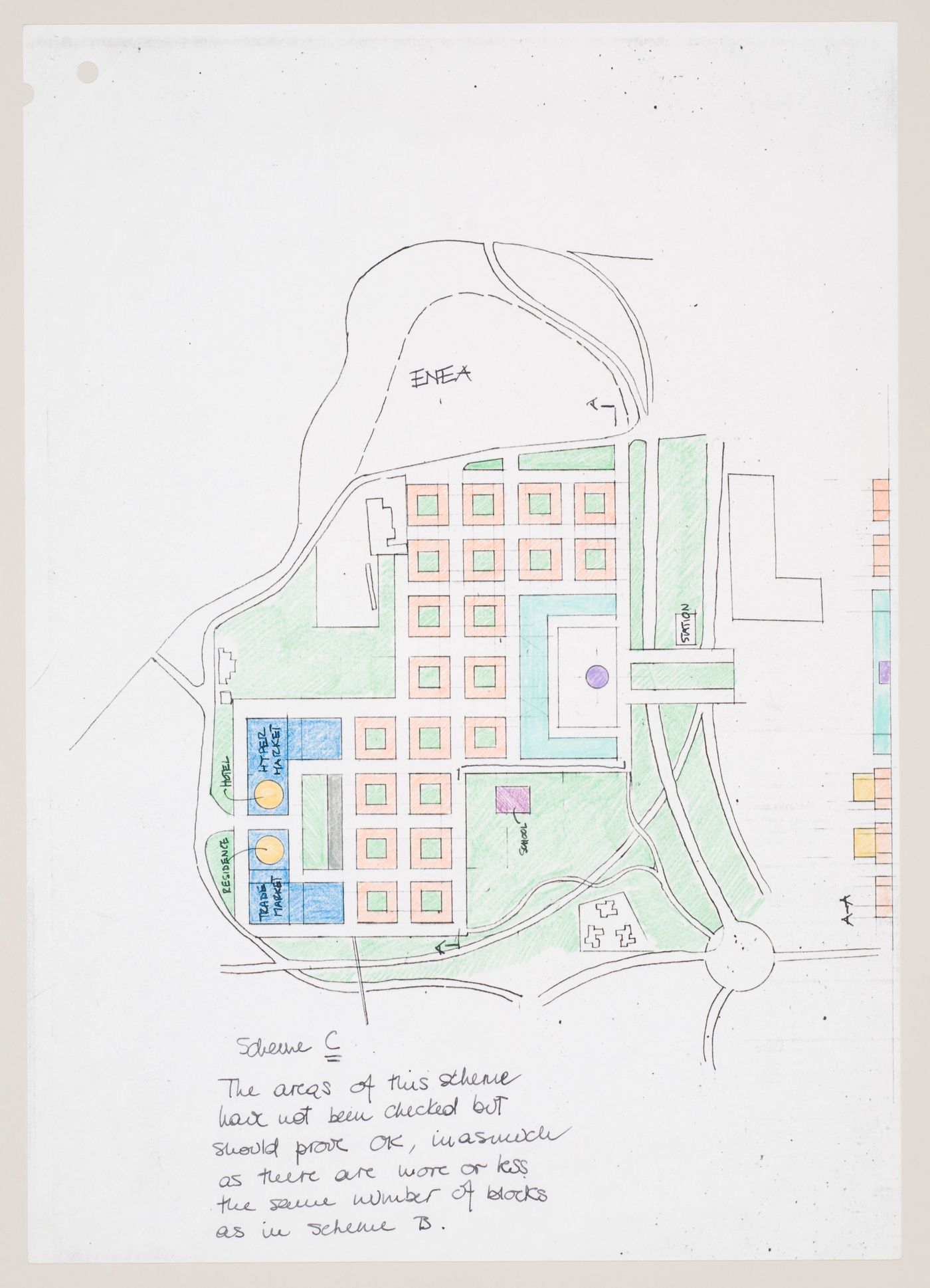 New Town Centre, Caselecchio di Reno, Italy: plan and elevation